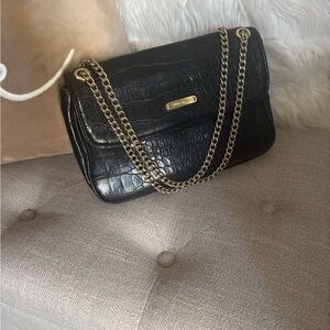 Black Crocodile-Embossed Chain Shoulder Bag
